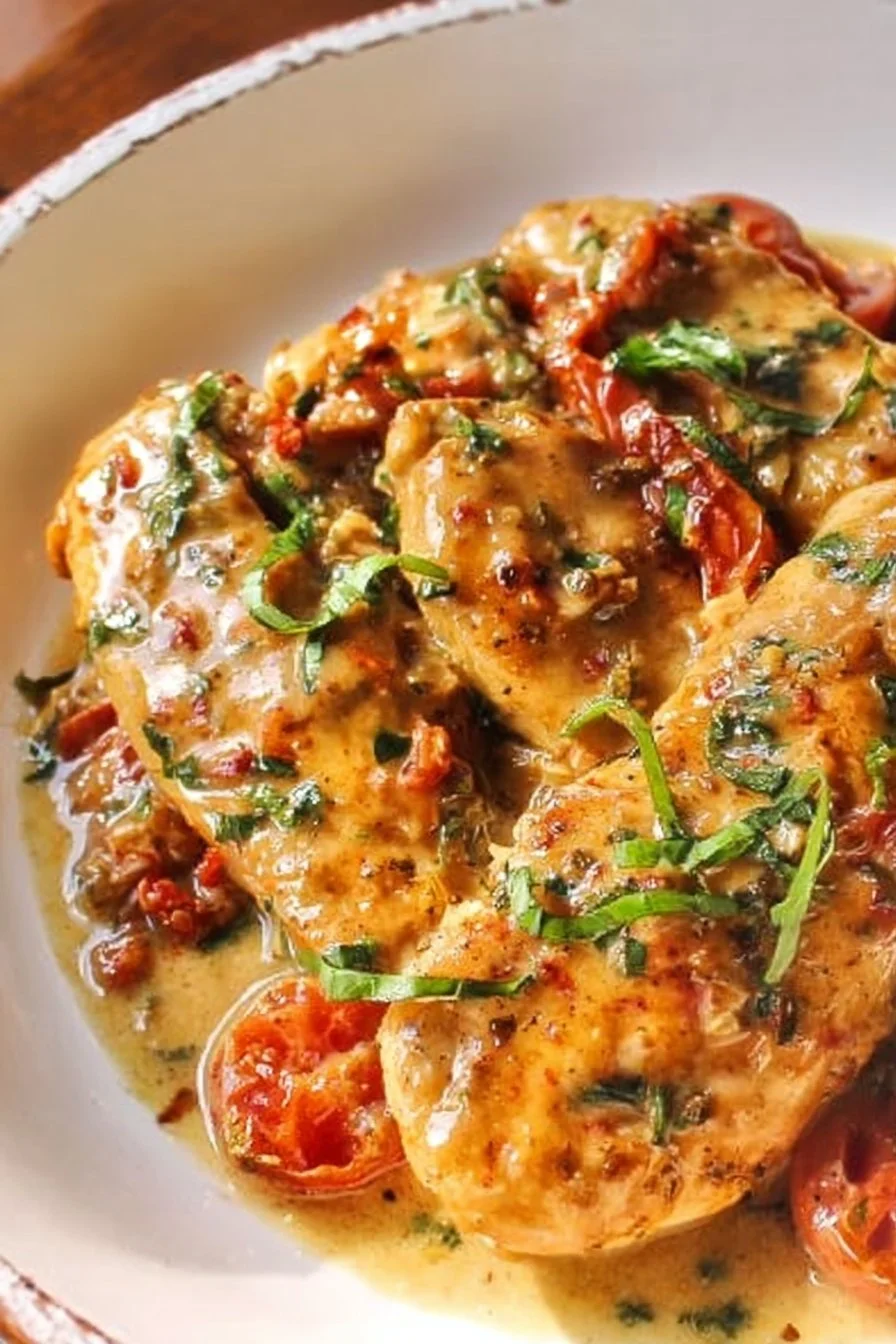 Keto Tomato Basil Chicken Skillet served in a cast iron pan