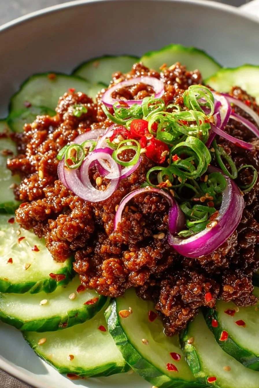 Delicious Korean ground beef dish served with rice and vegetables