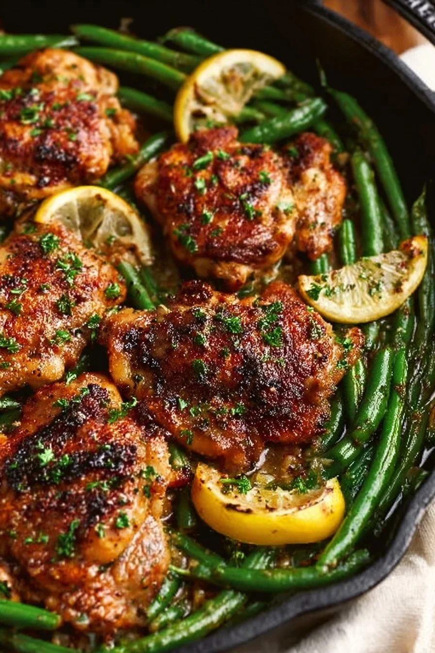 Lemon Garlic Butter Chicken Thighs served on a plate with herbs and lemon slices.