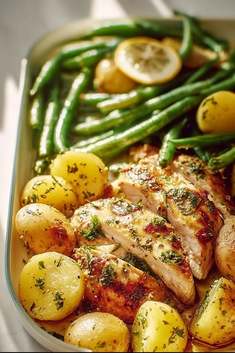 Delicious Lemon Garlic Chicken Bowl garnished with fresh herbs and lemon slices