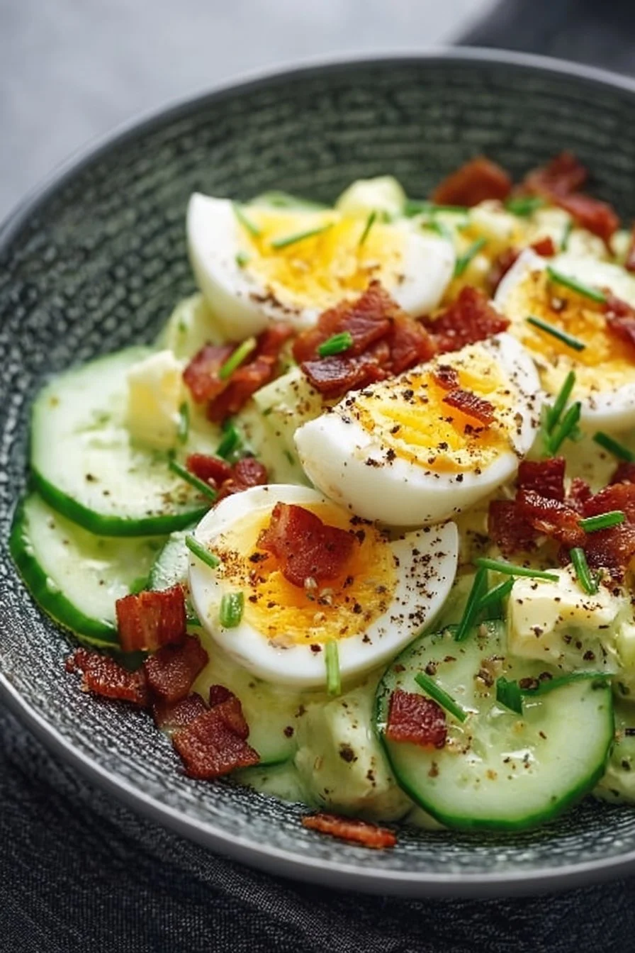 Low-carb cucumber egg salad with crispy bacon in a bowl