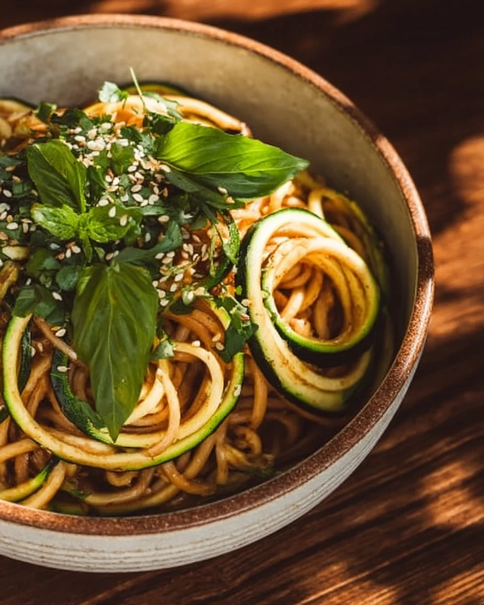 A bowl of low carb noodles topped with fresh vegetables and sauce
