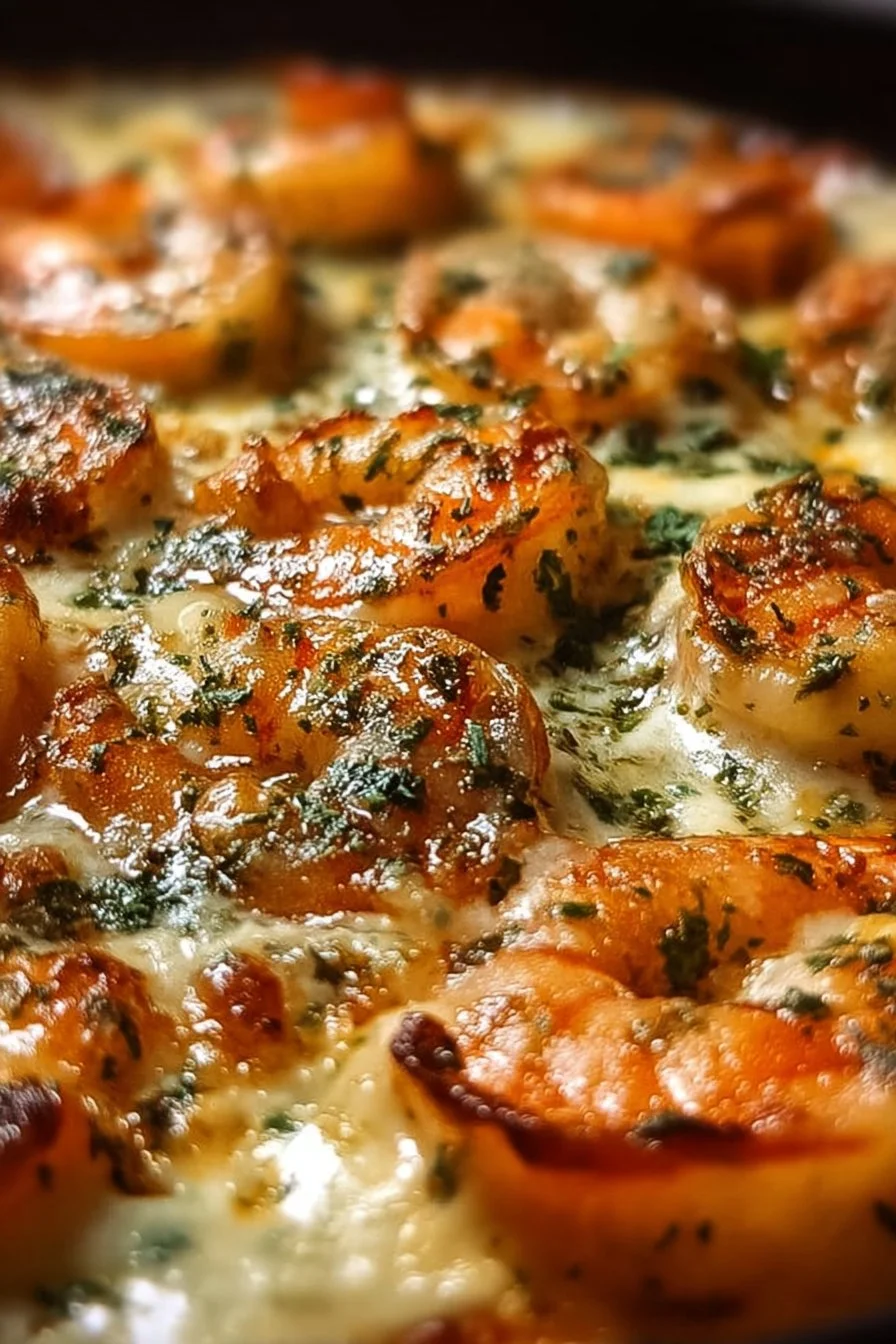 Low-Carb Shrimp Tuscan Bake with creamy sauce and fresh vegetables