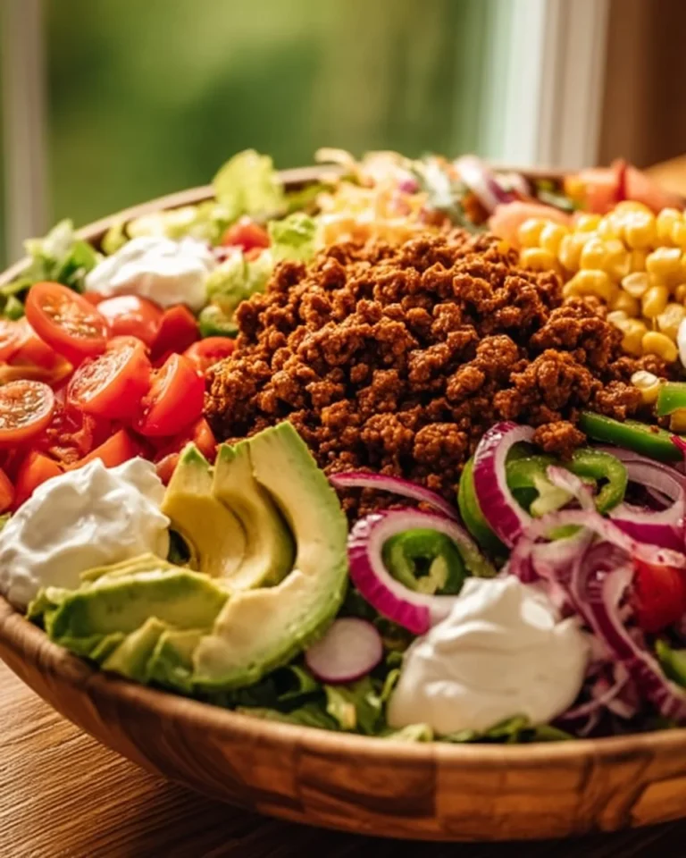 Delicious low carb taco salad topped with fresh vegetables and crispy toppings