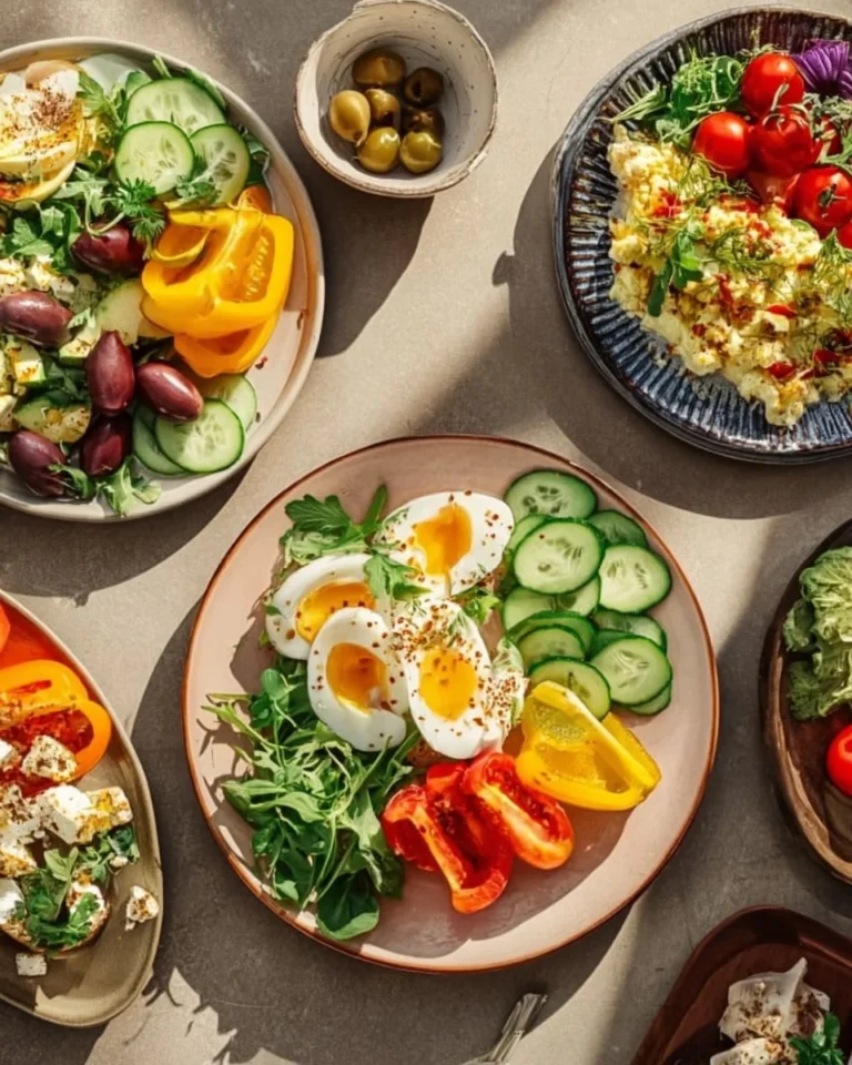 A colorful low carb vegetarian salad filled with fresh vegetables and herbs.