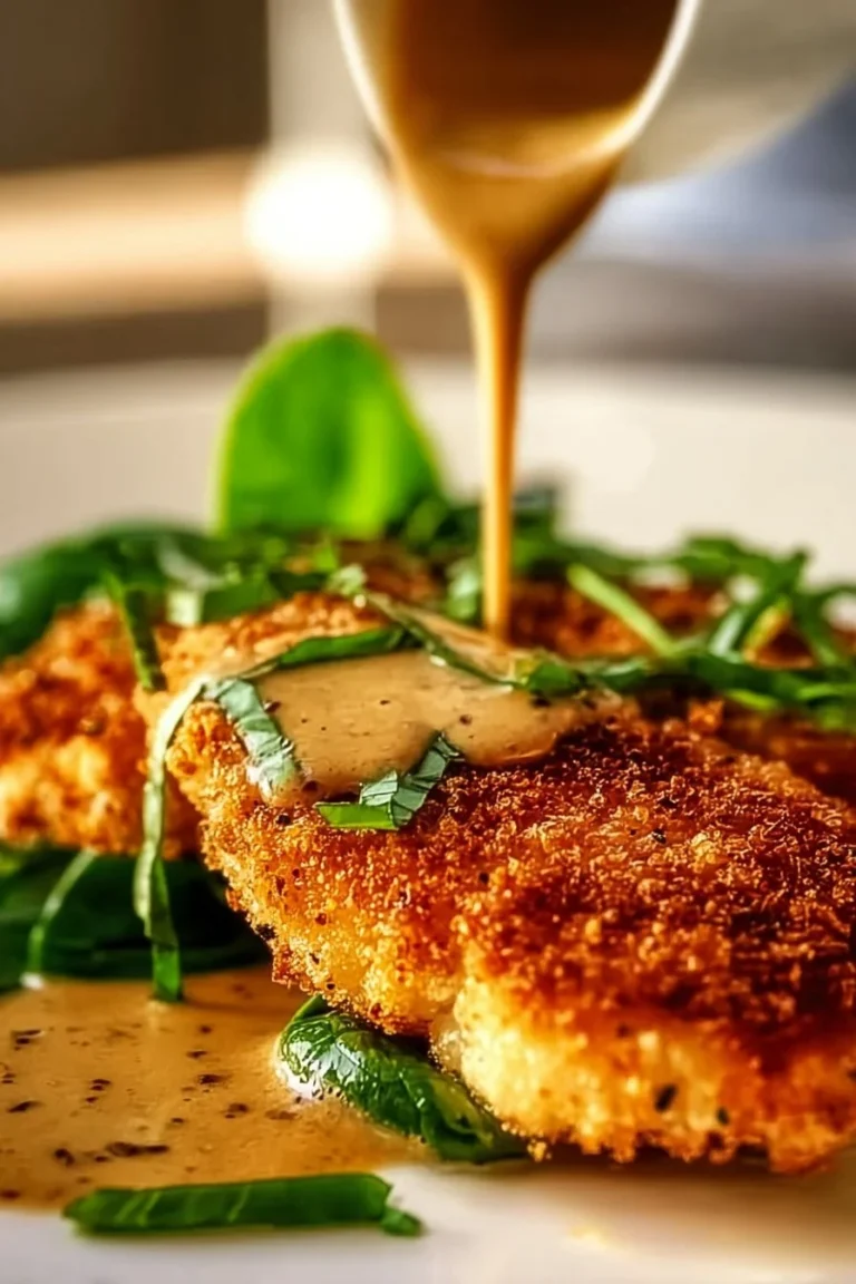 Delicious parmesan crusted chicken served on a plate with herbs and vegetables