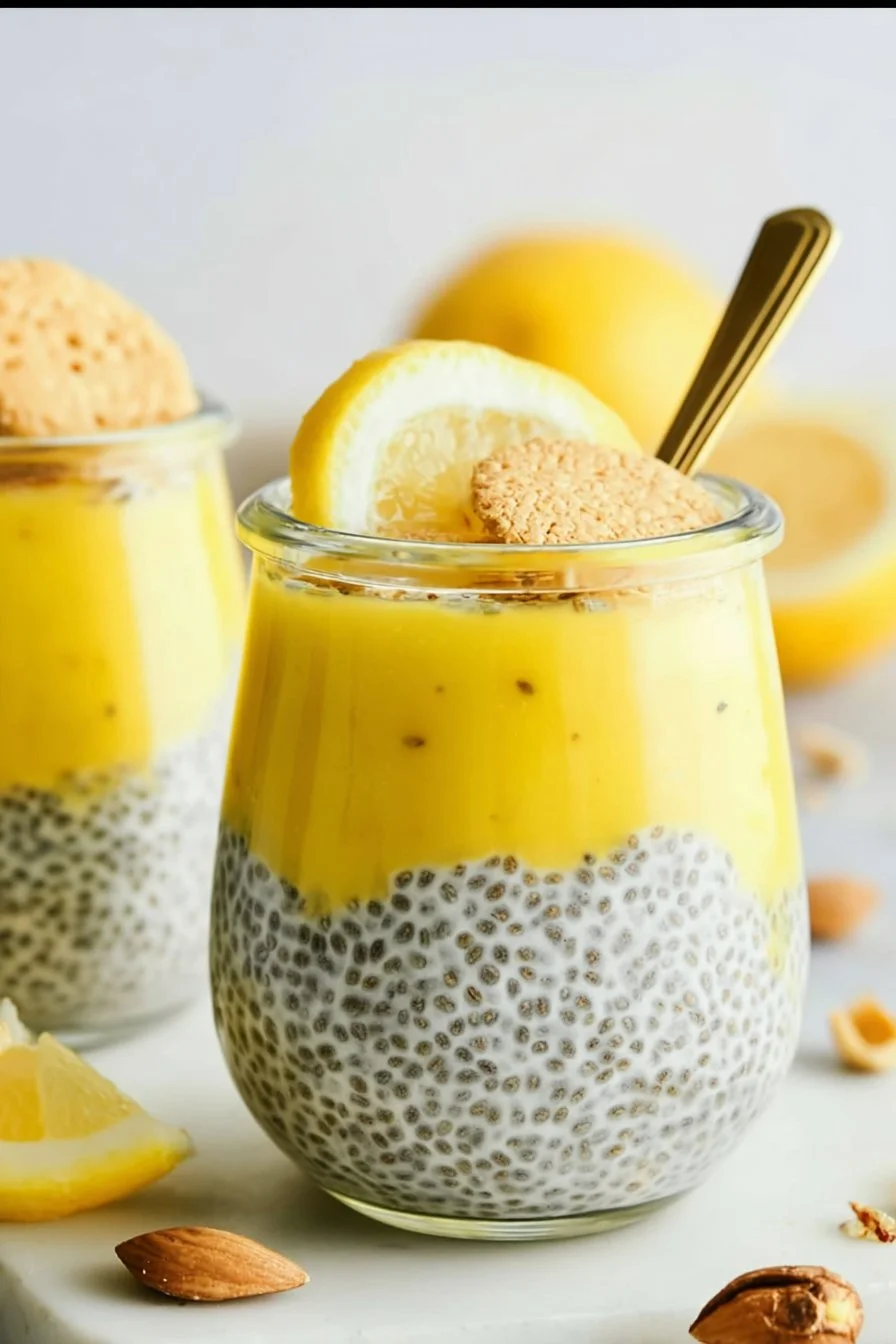 Delicious Protein Lemon Cream Pie Chia Seed Pudding topped with fresh lemon zest.