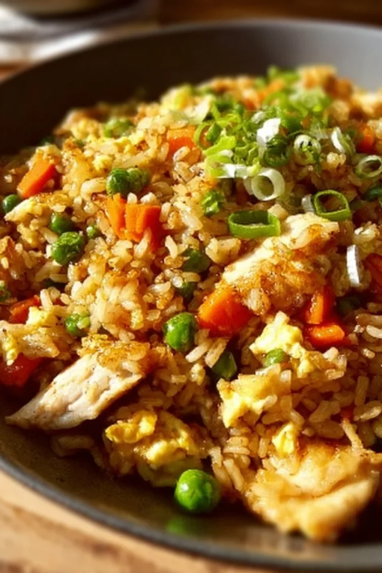 Protein-packed chicken fried rice with colorful veggies and chicken pieces