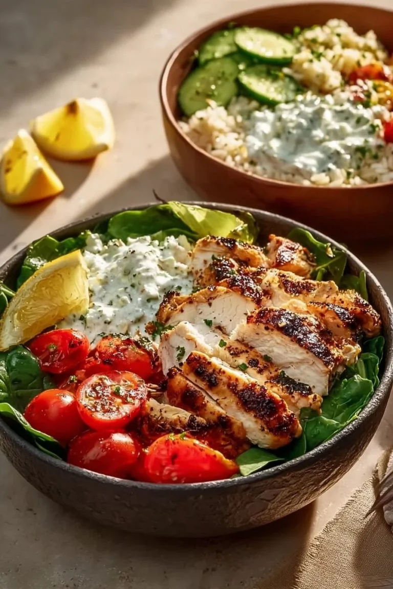 High-protein Greek chicken bowls with fresh vegetables and grains