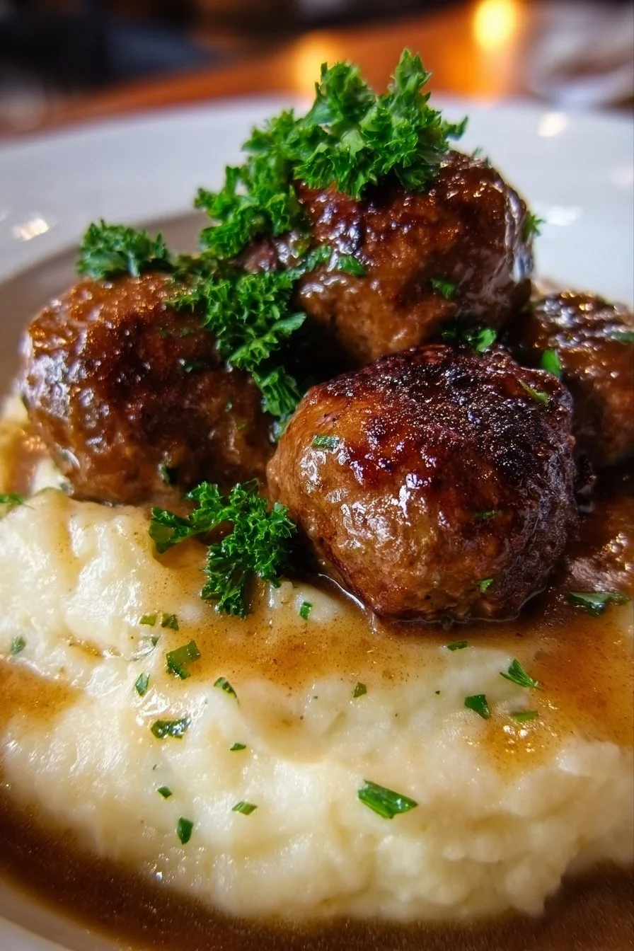 Salisbury steak meatballs served with garlic herb mashed potatoes