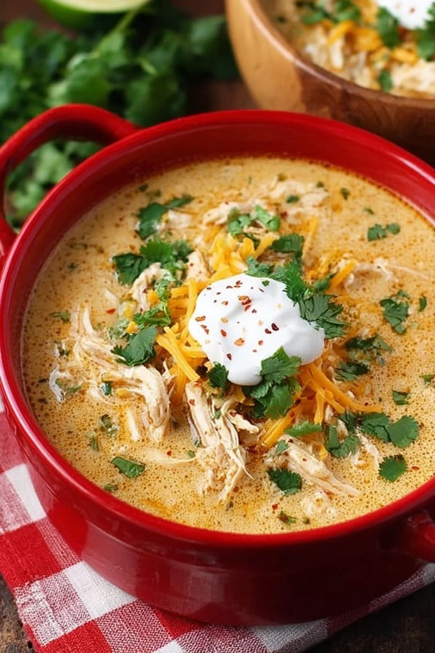 Bowl of Simple Keto White Chicken Chili with toppings on a wooden table