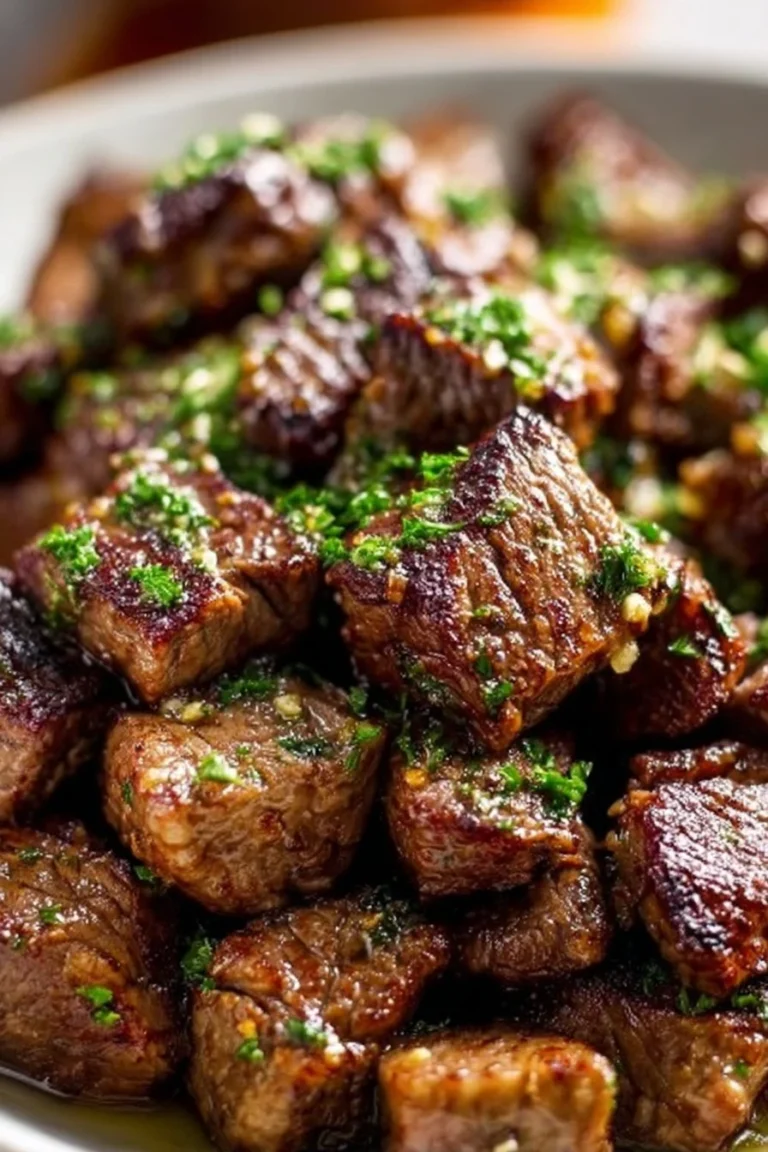 Delicious steak bites sautéed in garlic butter served on a plate