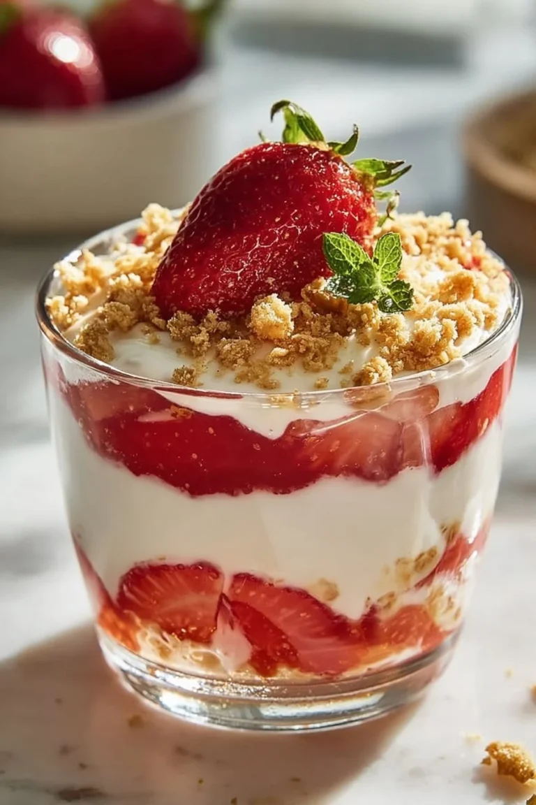 Bowl of strawberry cheesecake overnight oats topped with fresh strawberries