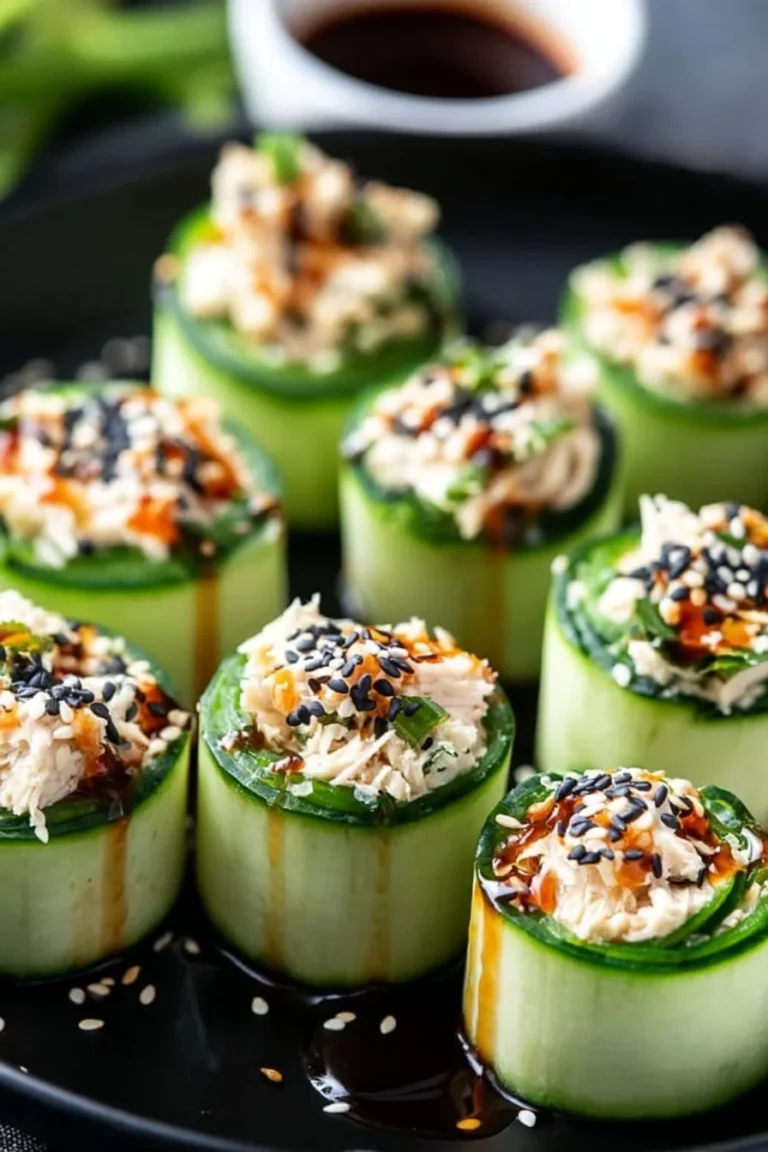 Tasty chicken salad cucumber roll ups on a plate, garnished with herbs.