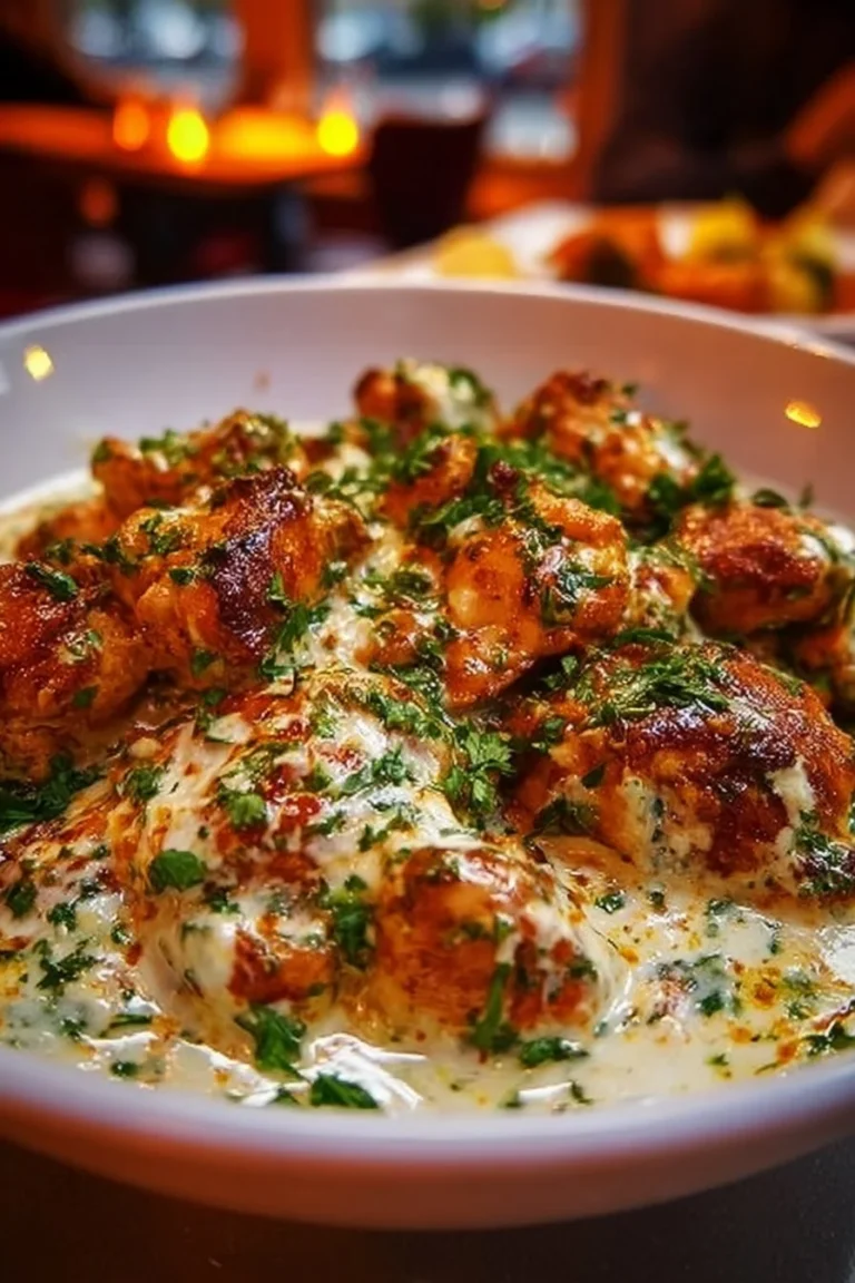 Turkish chicken served with creamy white sauce garnished with fresh herbs.