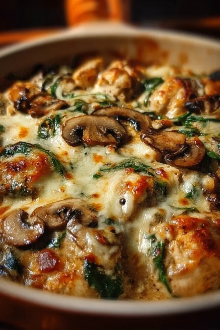 30-minute low-carb chicken bake with spinach and mushrooms in a casserole dish