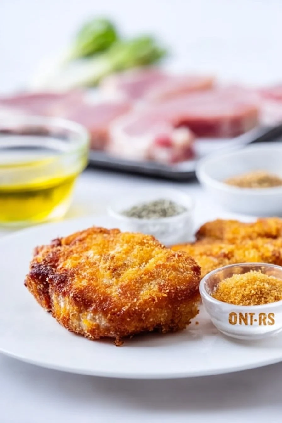 Delicious air fryer pork chops served on a plate with herbs and spices.