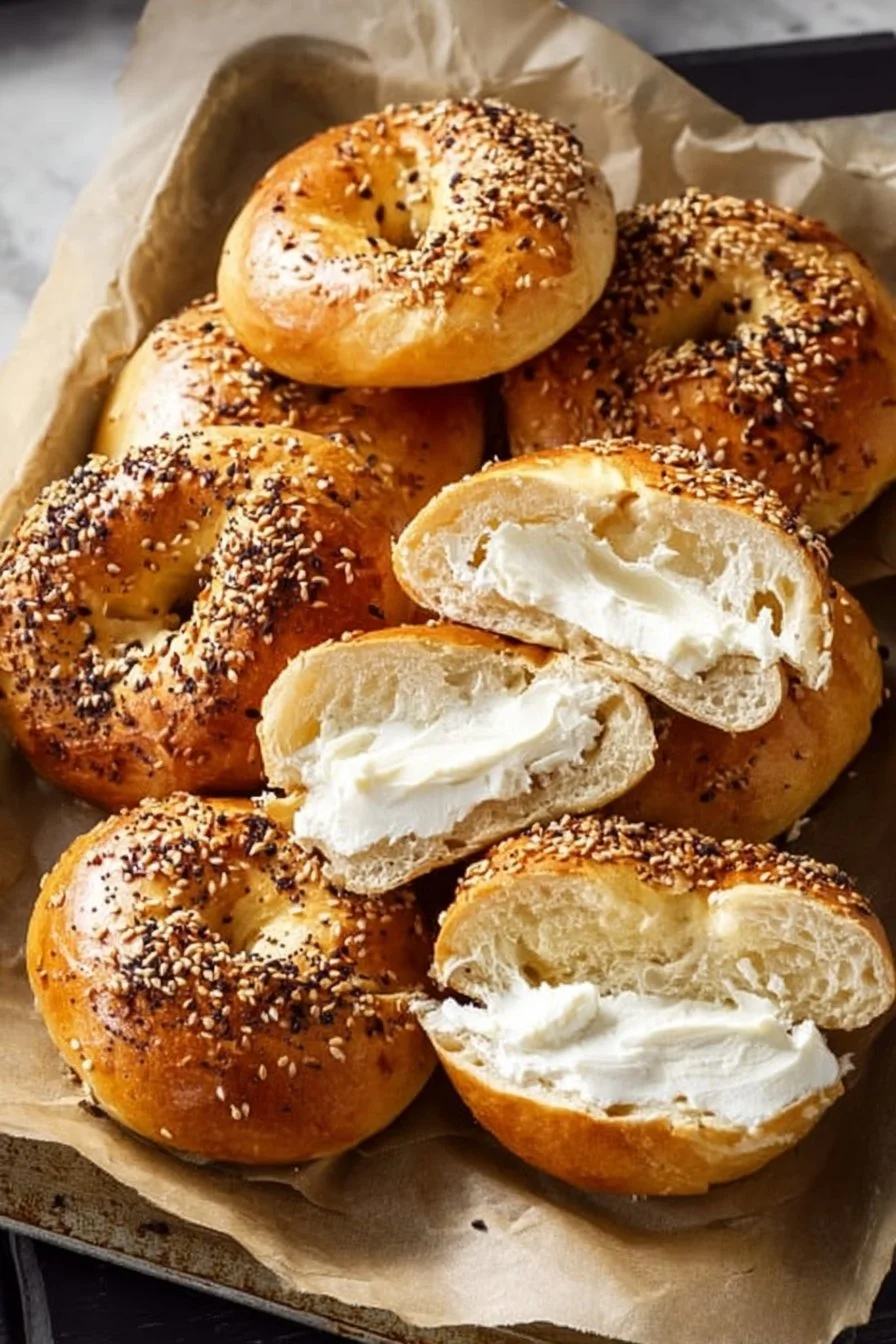 Homemade air fryer protein bagels on a wooden table