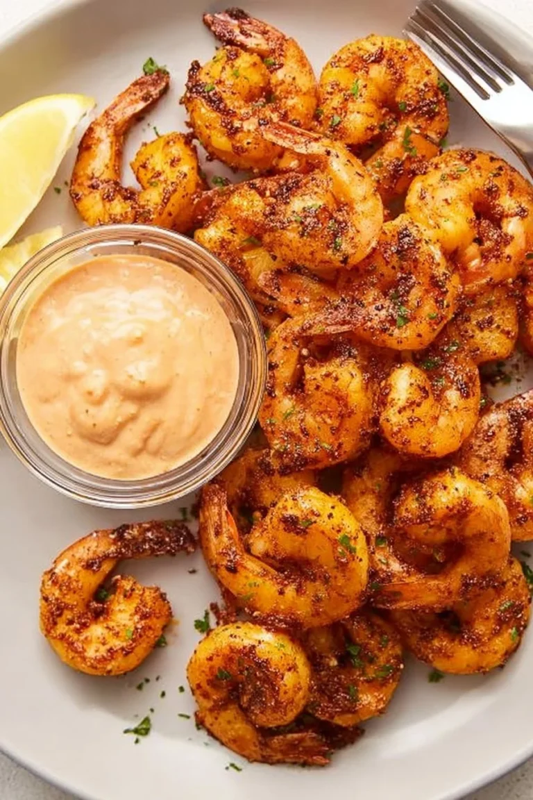 Crispy air fried shrimp served with dipping sauce on a plate