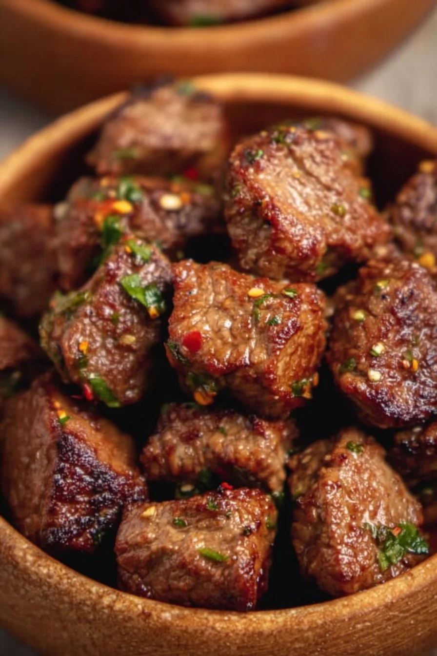 Delicious air fryer steak bites served with dipping sauce