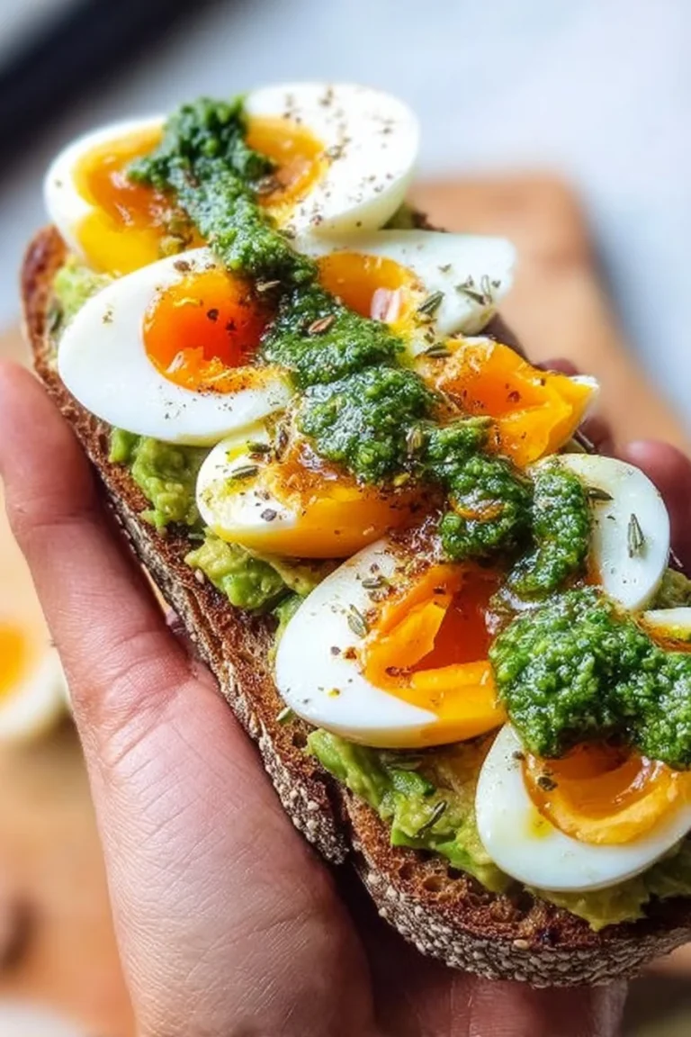 Avocado Egg Pesto Toast topped with fresh herbs and spices