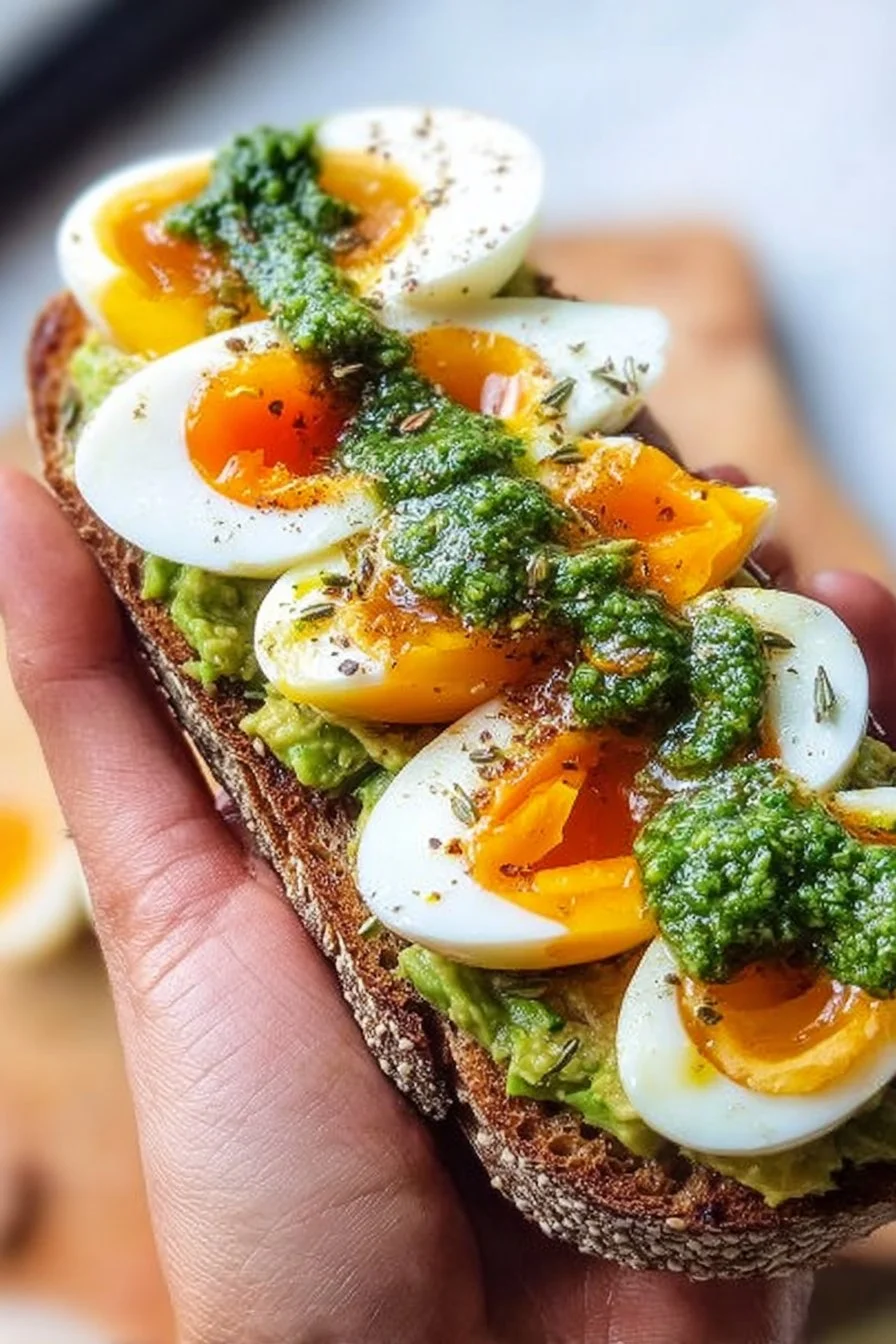 Avocado Egg Pesto Toast topped with fresh herbs and spices