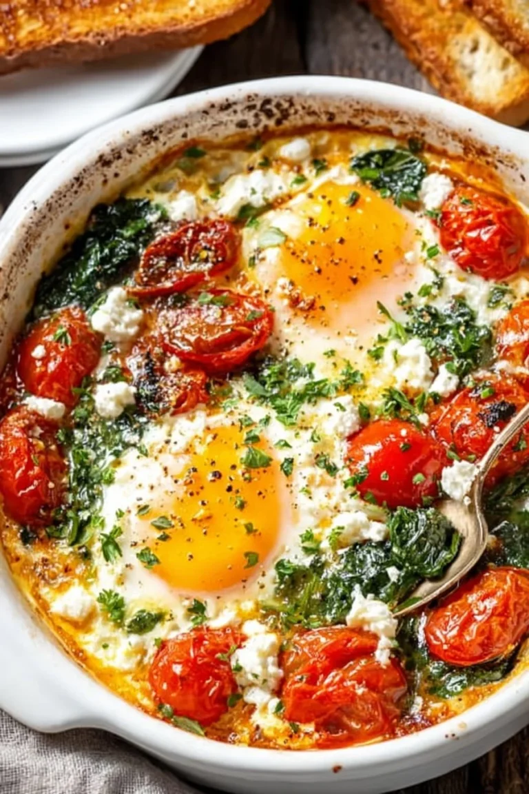 Baked feta eggs topped with herbs and spices in a serving dish.