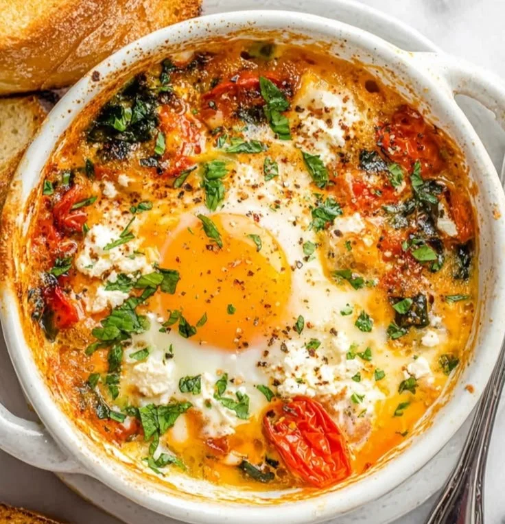 Delicious baked feta eggs served on a plate with herbs
