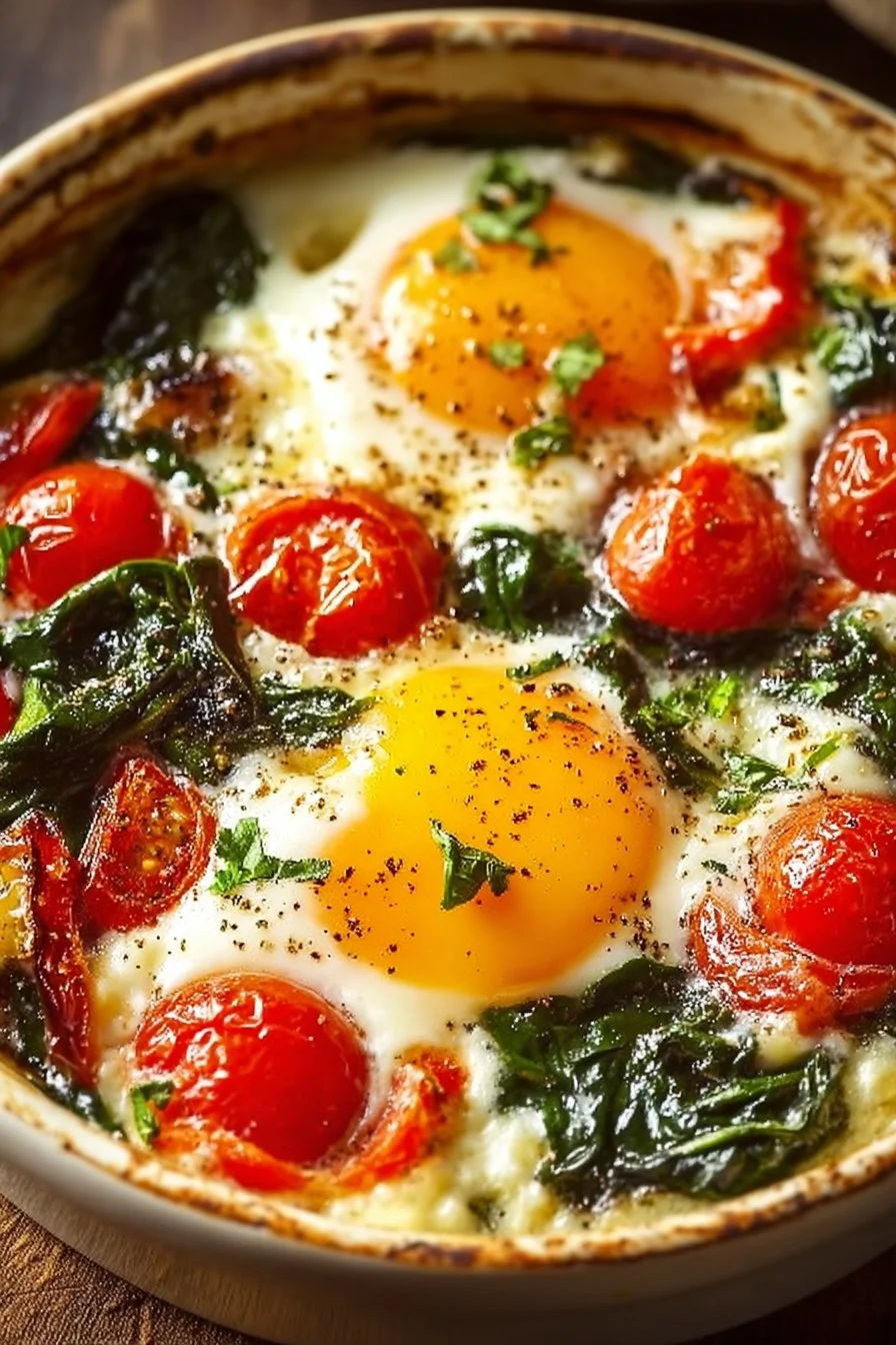 Baked feta eggs served with fresh spinach and cherry tomatoes on a plate