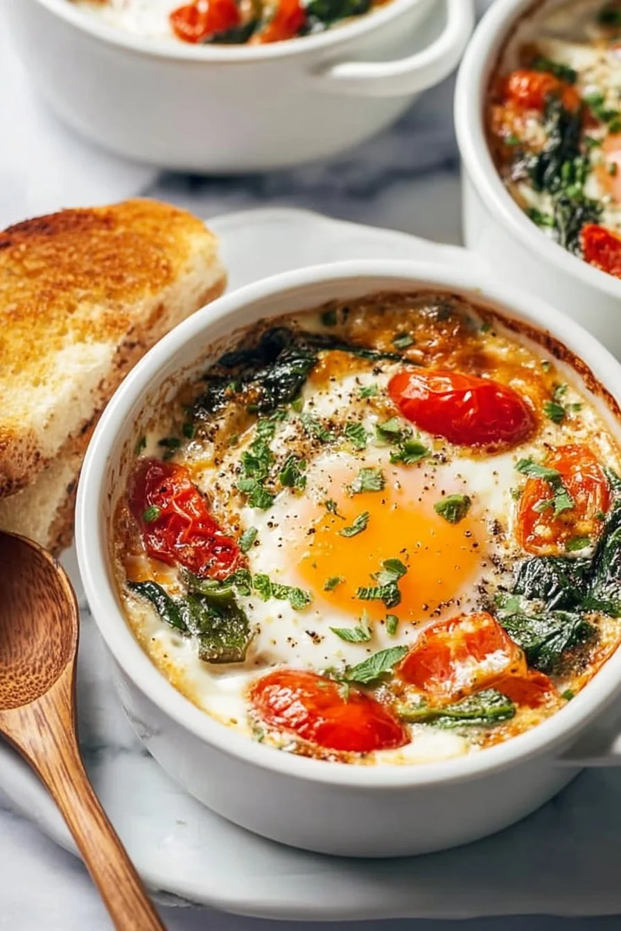 Baked feta eggs served with fresh tomatoes and spinach in a skillet