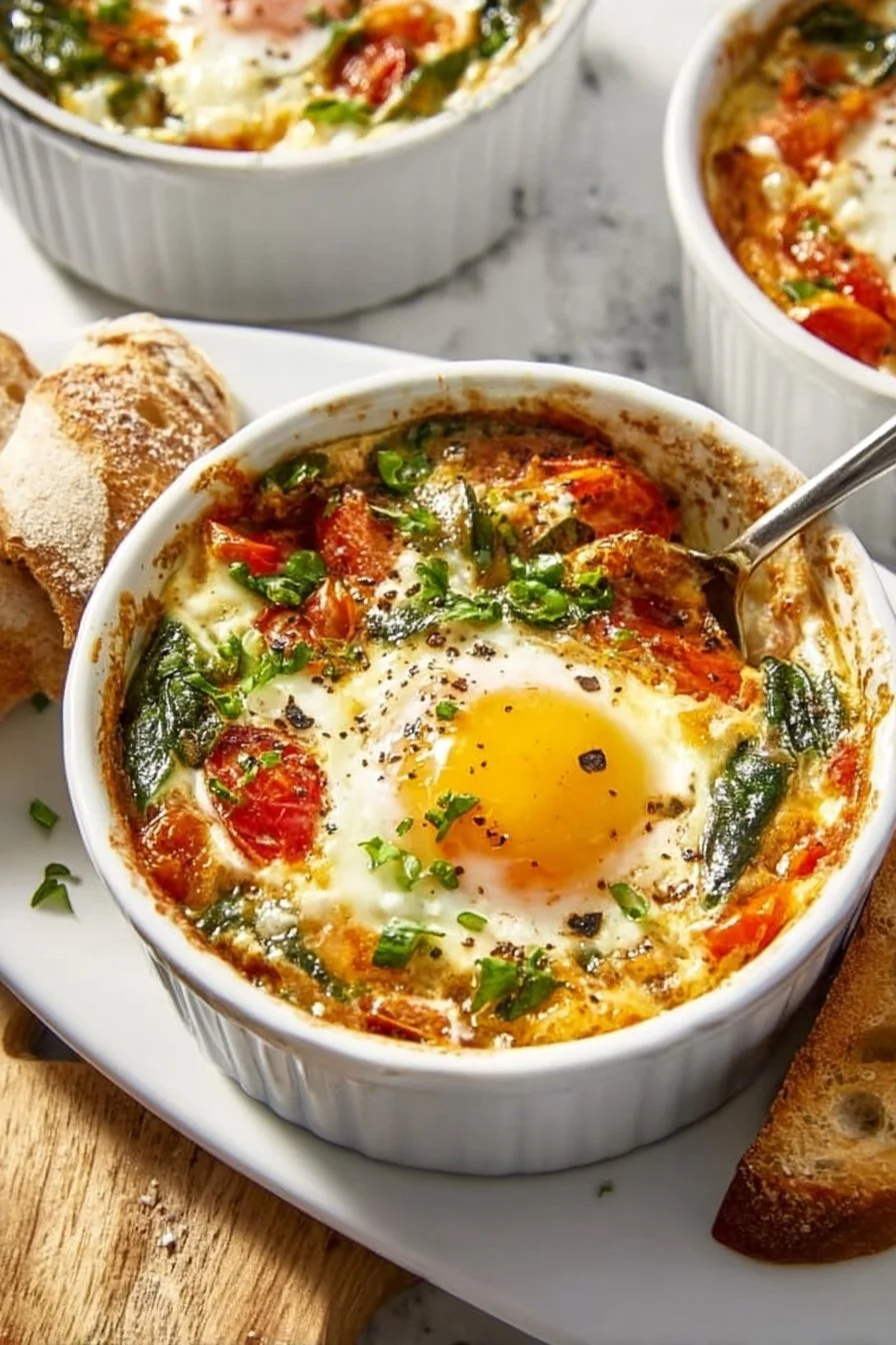 Baked feta eggs with tomatoes and spinach served in a rustic dish