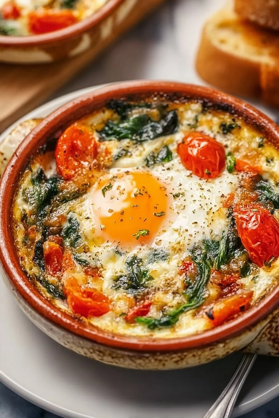 Baked feta eggs with tomatoes and spinach served in a dish