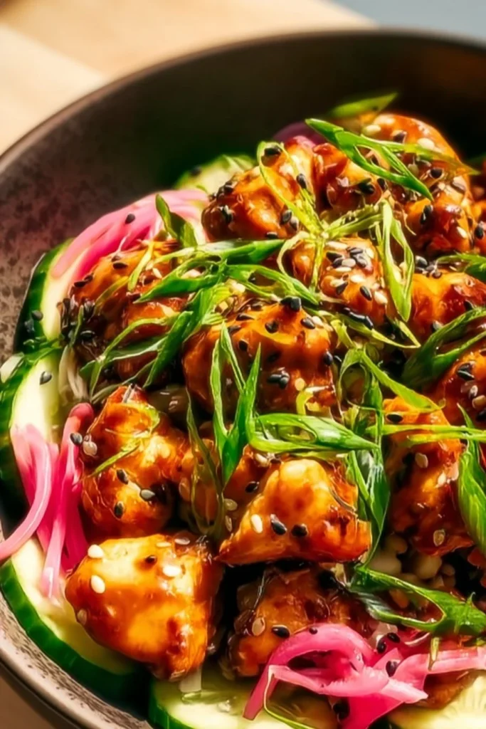 Delicious Bang Bang Chicken Bowl with vibrant toppings and flavors.