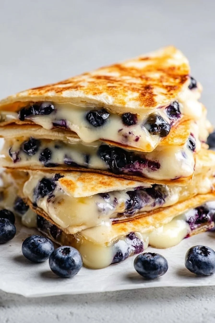 Blueberry breakfast quesadilla filled with fresh blueberries and cheese