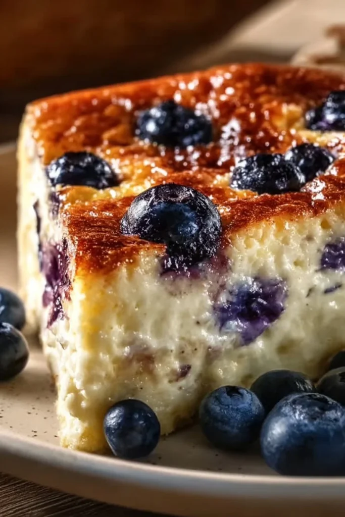 Delicious Blueberry Cottage Cheese Breakfast Bake topped with fresh blueberries