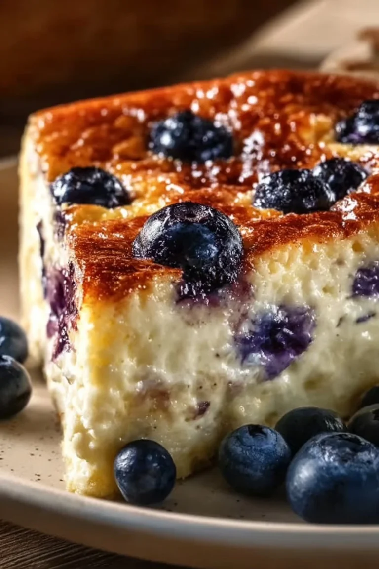 Delicious Blueberry Cottage Cheese Breakfast Bake topped with fresh blueberries