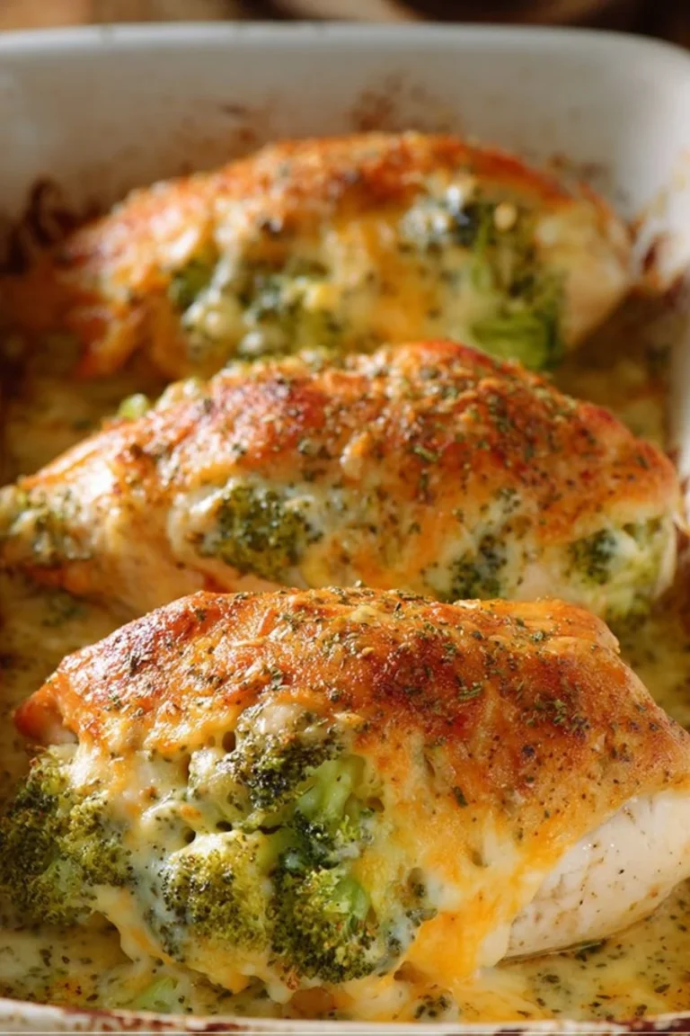 Broccoli cheddar stuffed chicken dish with melted cheese and broccoli filling
