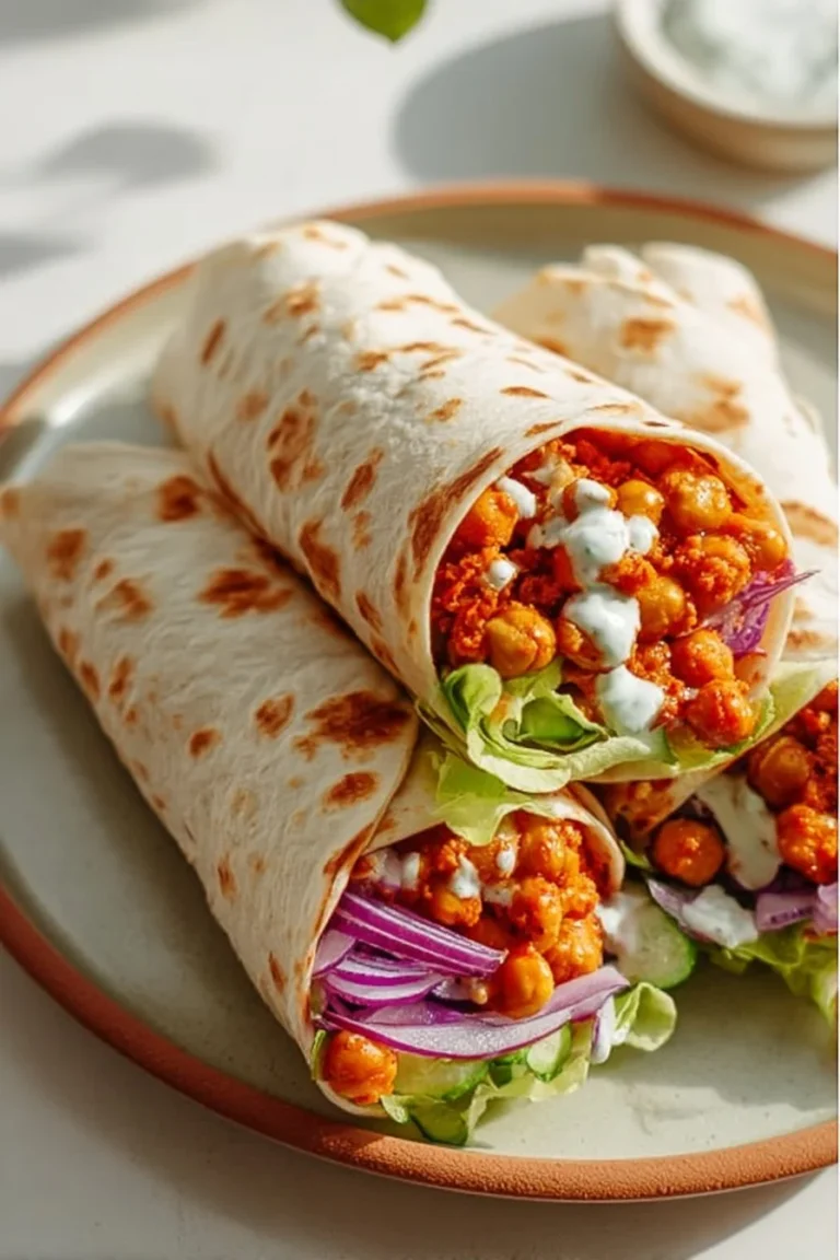 Buffalo Chickpea Salad Wraps served with fresh greens and spicy dressing