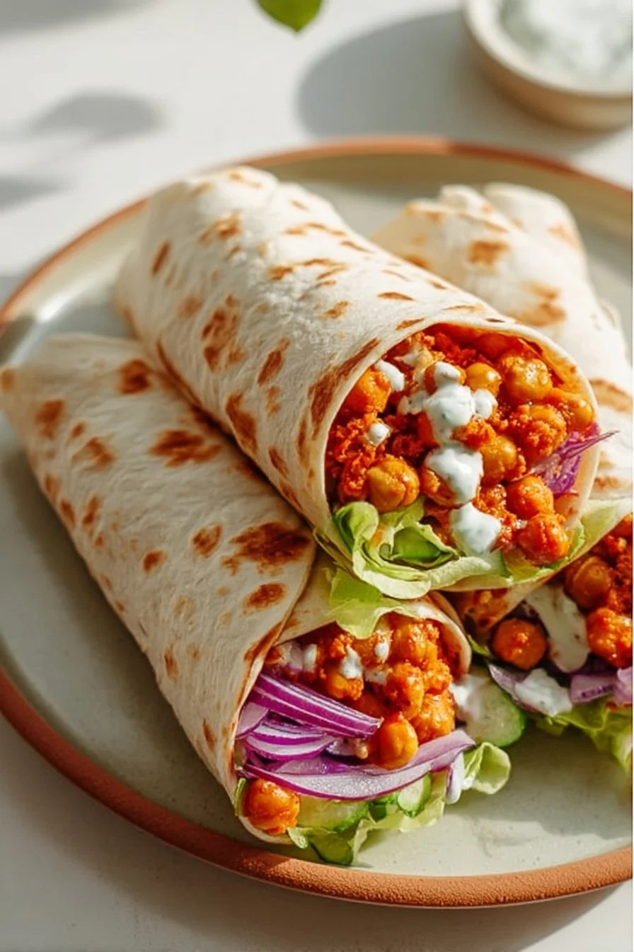 Buffalo Chickpea Salad Wraps served with fresh greens and spicy dressing