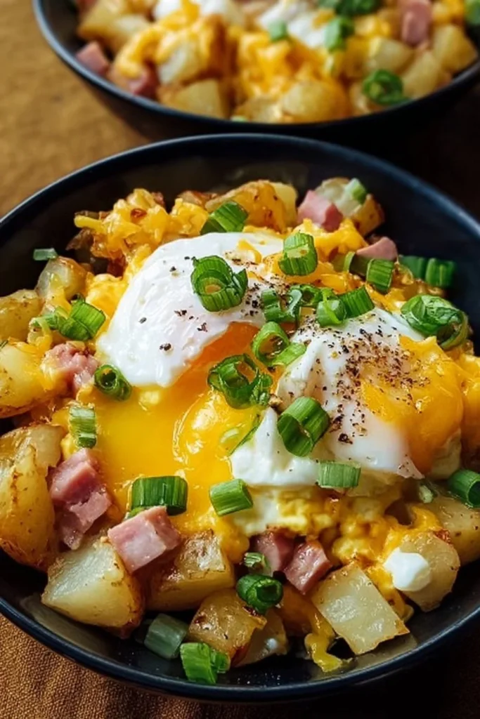Cheesy potato egg scramble served in a bowl, topped with herbs