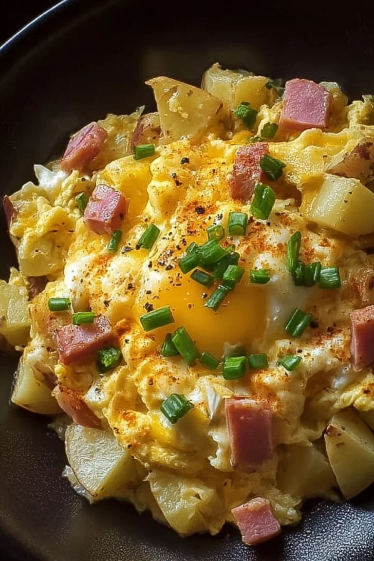 Delicious Cheesy Potato Egg Scramble with eggs, cheese, and potatoes in a skillet.