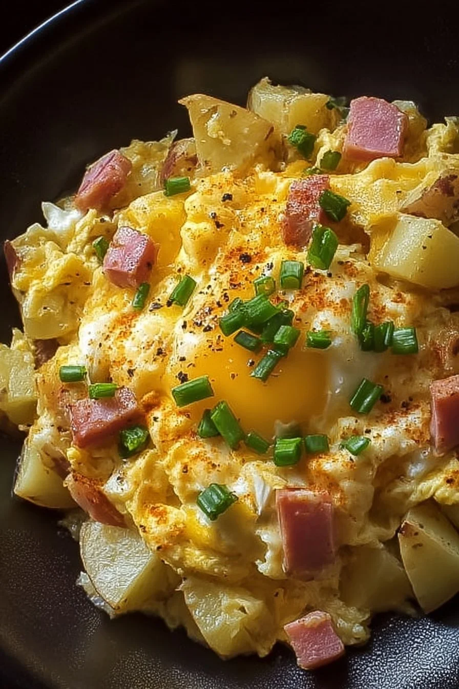 Delicious Cheesy Potato Egg Scramble with eggs, cheese, and potatoes in a skillet.