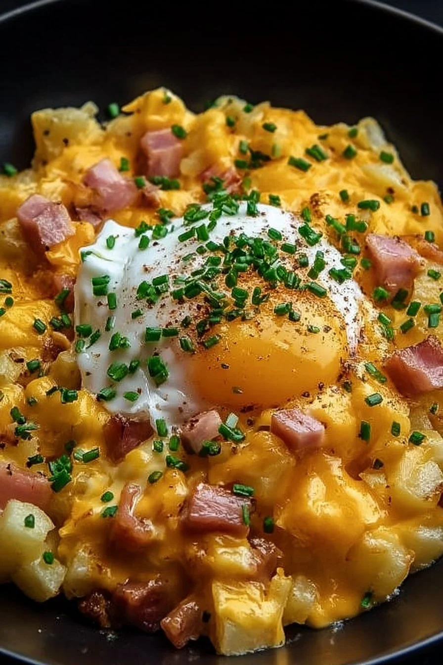 Cheesy Potato Egg Scramble with colorful veggies