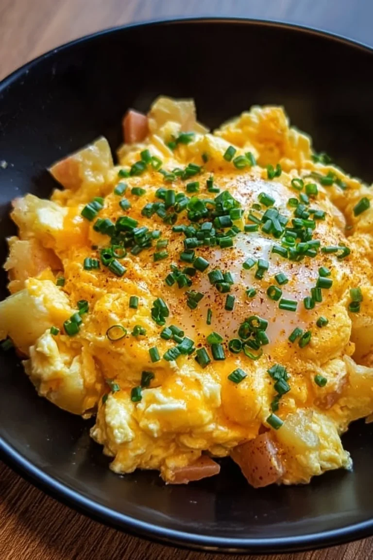 Cheesy potato egg scramble with melted cheese and fresh herbs