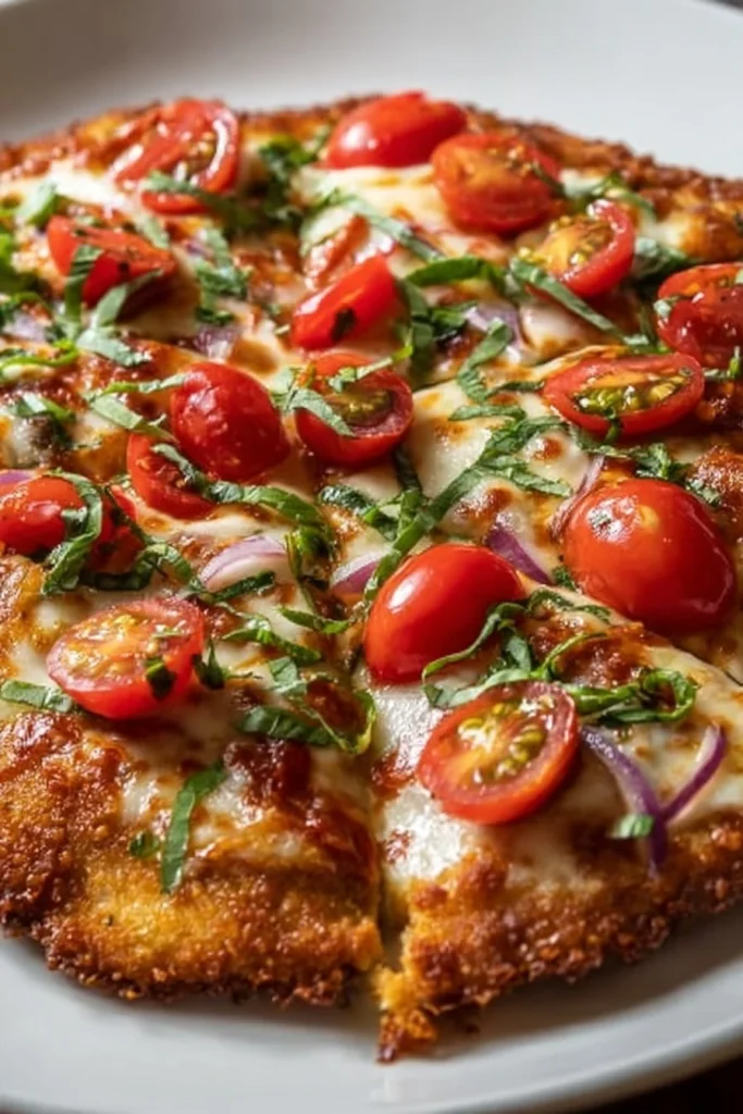 Delicious Chicken Crust Pizza topped with fresh ingredients.