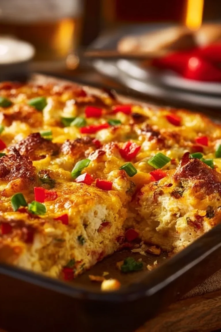 Delicious Chicken, Egg, and Hash Brown Breakfast Bake ready to serve.
