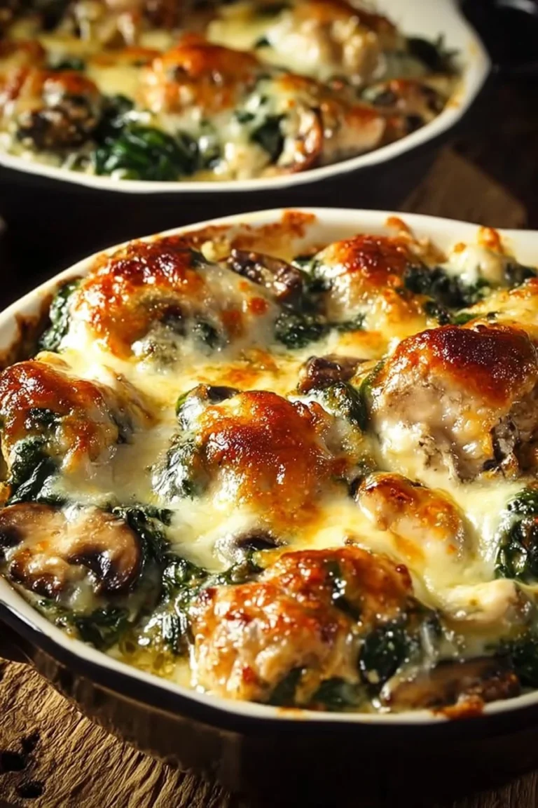 Chicken Spinach and Mushroom Low-Carb Casserole served in a dish
