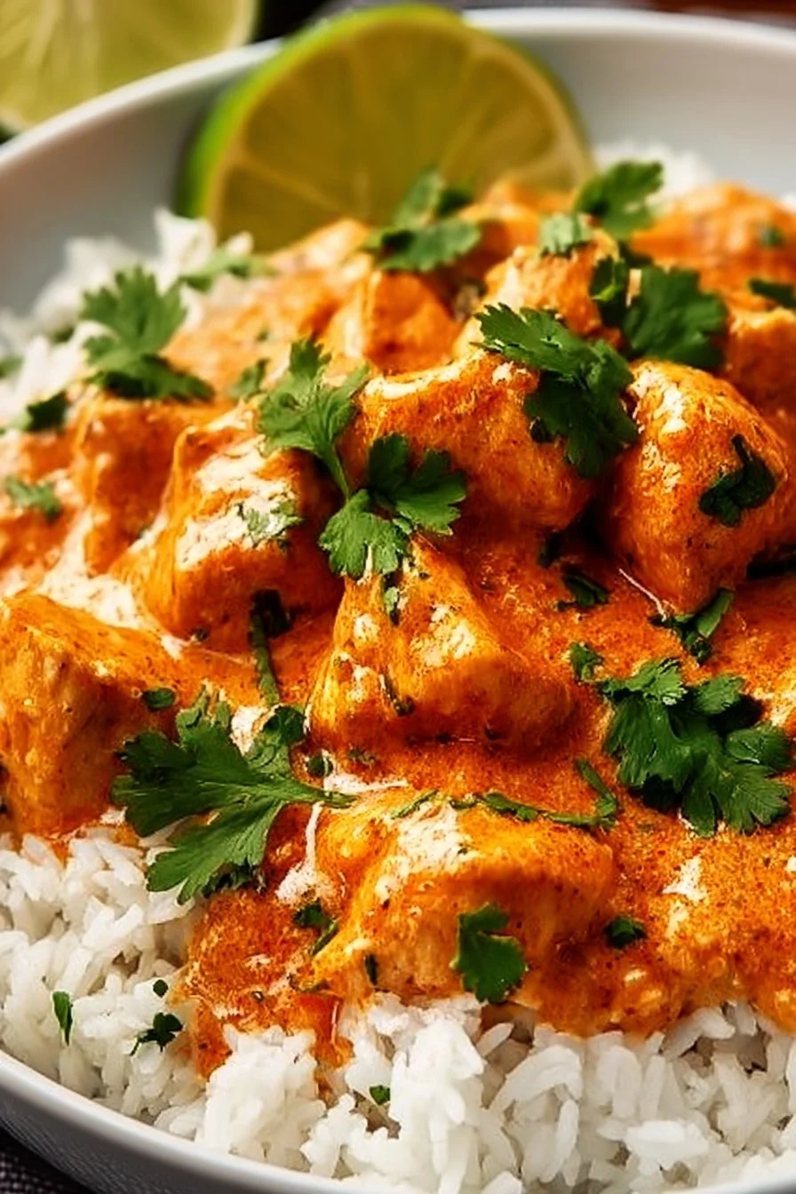 Delicious Coconut Chicken Rice Bowl with creamy sauce and fresh vegetables