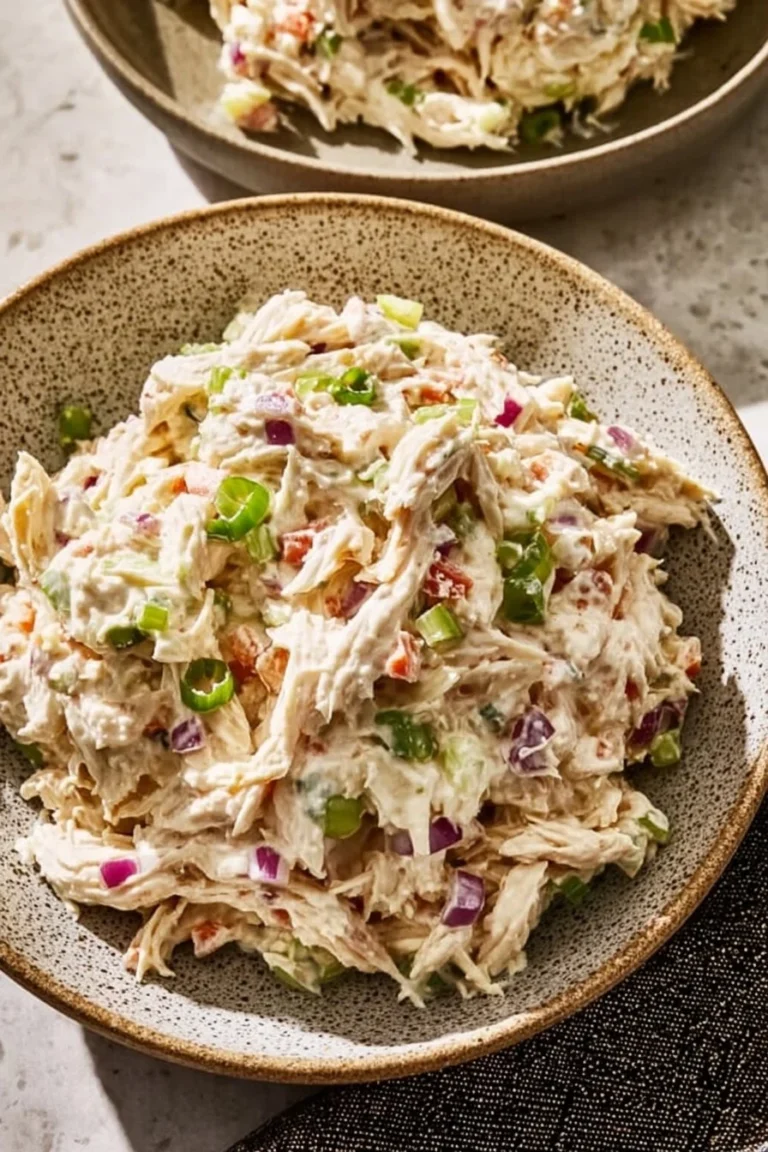 Bowl of Cottage Cheese Chicken Salad garnished with herbs and vegetables