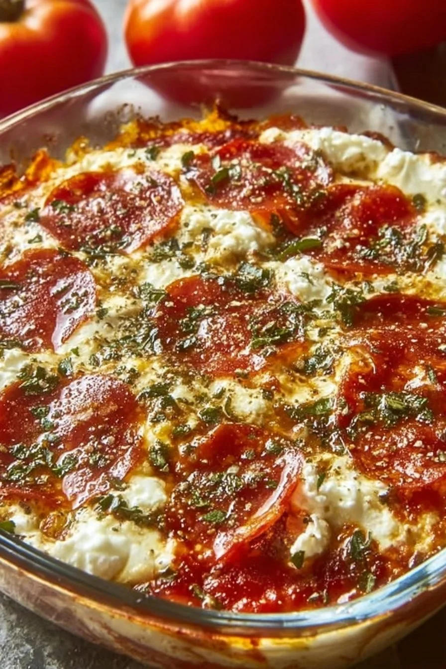A colorful Cottage Cheese Pizza Bowl topped with fresh vegetables and cheese